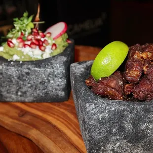 The Guacamole was made with avocado, queso fresco, pomegranate, cilantro and we added Rib Eye Chicharrón.