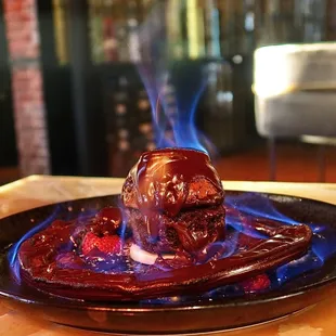 The Mexican Chocolate Cake was made with Cacao Tinitario and flambéed tableside. Who doesn&apos;t love a dessert with flair?