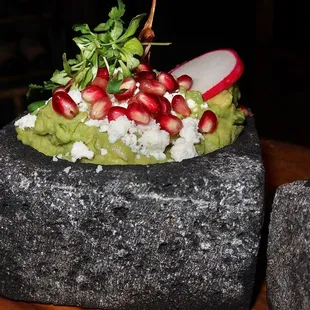 The Guacamole was made with avocado, queso fresco, pomegranate, cilantro and we added Rib Eye Chicharrón.