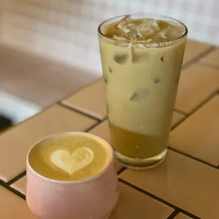 Cappuccino and iced peach latte with oat milk