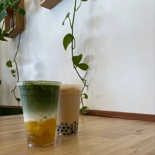 Mango matcha $6.85 and Hojicha Milk Tea