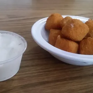 Hot pepper cheese balls with a side of ranch dipping sauce