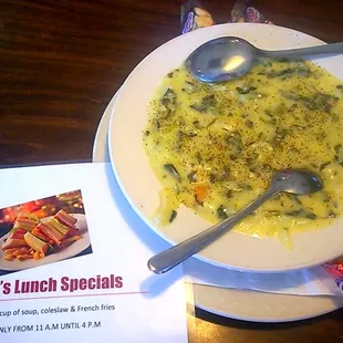 So we each got $6.99 lunch  special, both wants Chicken Florentine Soup  so we had a big breakfast for sharing Delicious