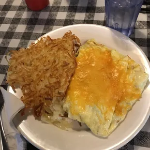 Omelette and hash browns.