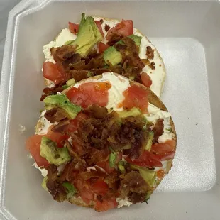 Bacon, tomato, avocado and cream cheese bagel