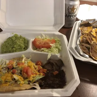 #17 portion with beef puffy taco, Carne Asada, guacamole and small salad