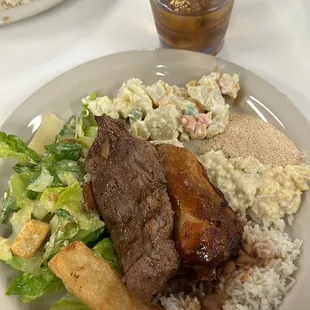 Chicken  Steak Caesar salad  White rice Beans  Potato salad