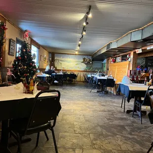 a dining room with tables and chairs