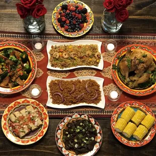 a variety of dishes on a table