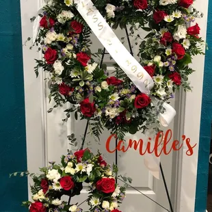 Funeral spray with custom printed ribbon