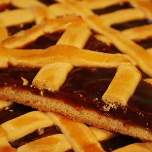 a close up of a latticed pastry