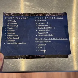 Syrup flavors, teas, and milks