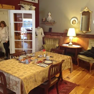 Dining room area with our table set up for breakfast.