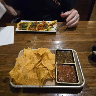Chips and chips $3.00 Housemate chicken chorizo street tacos .  Taco Tuesday $1.00 Bottled beer $5.00 per beer
