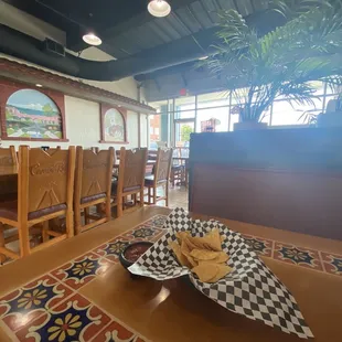 Chips and salsa inside the restaurant view