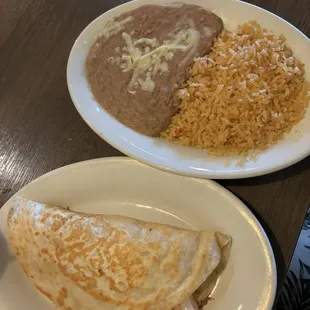 Shrimp Quesadilla with Cheese, side Rice and Beans