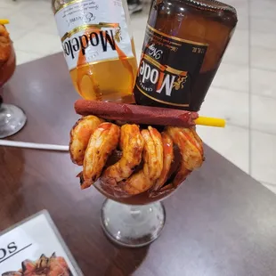 a drink and shrimp
