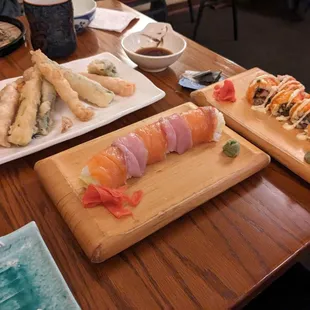 Veggie/Shrimp tempura, the lifesaver roll, the Camon II roll, and cold soba dish