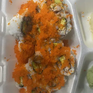 California rolls with masago dumped on top.