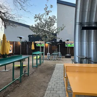 tables and umbrellas in outdoor area