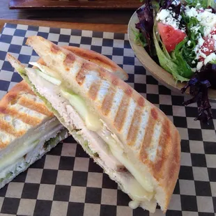 Chicken, Brie, apples, pesto. Mixed greens salad.