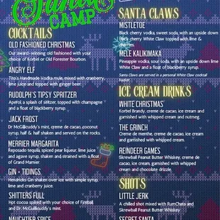 Cocktail menu for Santa Camp