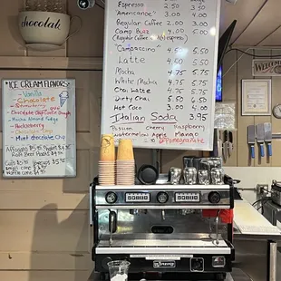 Coffee and ice cream menu