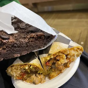 Breakfast burrito and oreo brownie