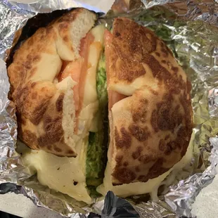 Veggie lover on an Asiago bagel