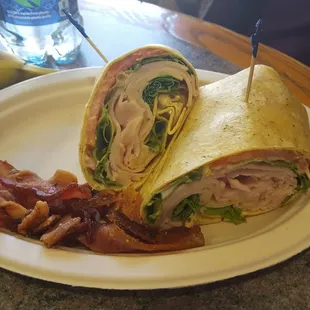 Turkey bacon ranch wrap with bacon on the side