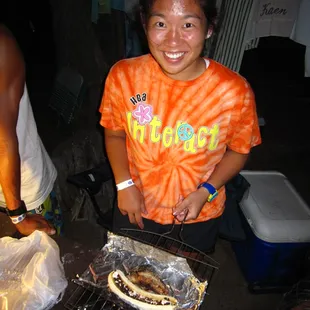 Jenna's banana smores, split banana filled with mini-marshmallows and  chocolate chips.  They were a hit!