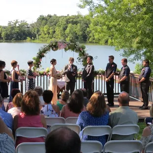 Wedding ceremony on the deck overlooking the lake.