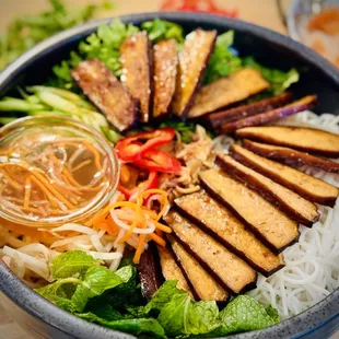 Plant Based Baked Marinated Tofu Vermicelli with Lime Vinagrette and Crispy Shallot