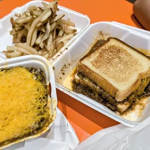 513-way, chili melt, and fries