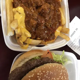 Chili cheese fries and cheeseburger