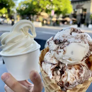 Custard and Tin Roof Sundae in a waffle cone
