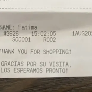 a receipt for a restaurant