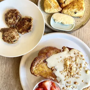 Challah French Toast with Strawberries, Side of Chicken Apple Sausage, Logan's Orange + Currant Scones