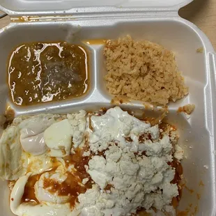 Chilaquiles with eggs, rice and beans