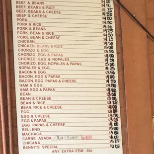 Burrito menu