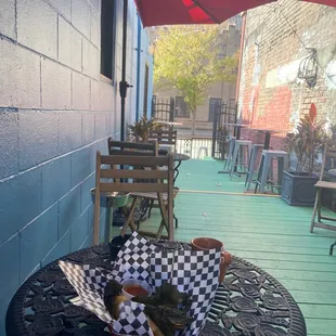 a table with a basket of food on it