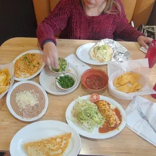 Lunch combo #10 -  Chalupa / Beef and Cheese enchilada &amp; chicken taco with guacamole beans chips &amp; salsa! Tasted phenomenal!