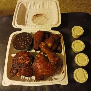 Half chicken with plantains and black beans