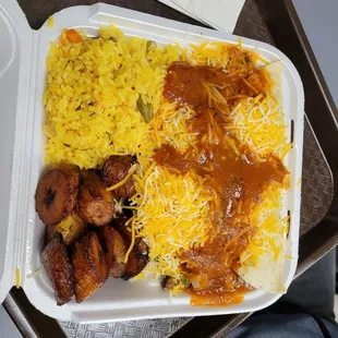 Beef Enchiladas with Rice and Fried Plantains