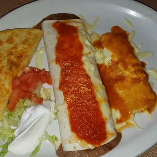 Vegetarian dinner: bean burrito, cheese enchilada, mushroom quesadilla