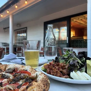 Meat and veggie pizza and Cobb salad