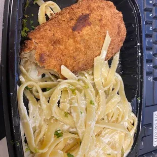 chicken schnitzel and noodles