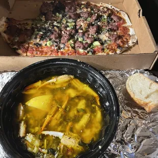 Crab claws. Small pizza with beef, green onion, black olive, and garlic.