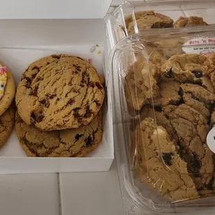 Semi-sweet chocolate chips, Double Chip cookie, Iced Sugar cookie with Easter bunny, and a box of Bits 'n Pieces of assorted broken cookies.