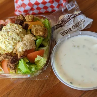 Campitelli's Cookies/Placentia, CA: Small green salad ($5.99) with scoop of egg salad ($2.25) and 8 oz Clam Chowder ($4.69)